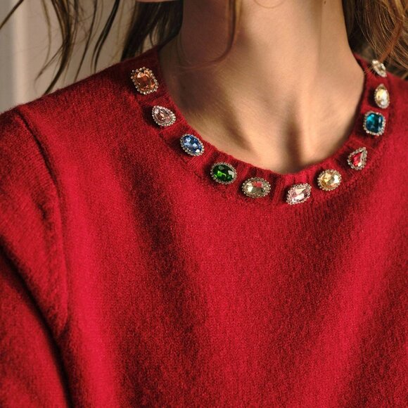 Burgundy Casual Women's Rhinestone Detail Puff Short Sleeve Knit Top - Picture 3 of 6